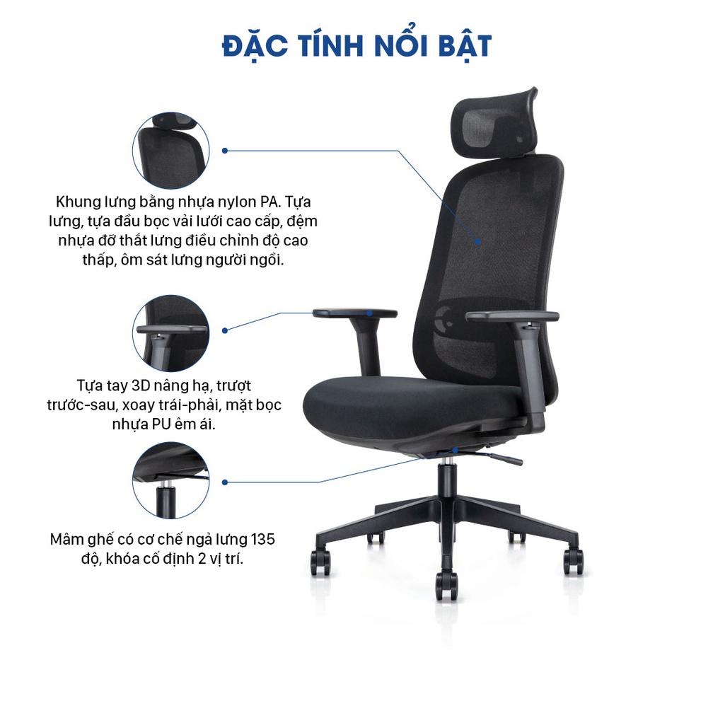 Ghế công thái học Ergonomic GOVI Felix F6232A - Thiết kế tựa đầu điều chỉnh độ cao, tựa tay 3D nâng hạ, mâm ghế ngả 135 độ