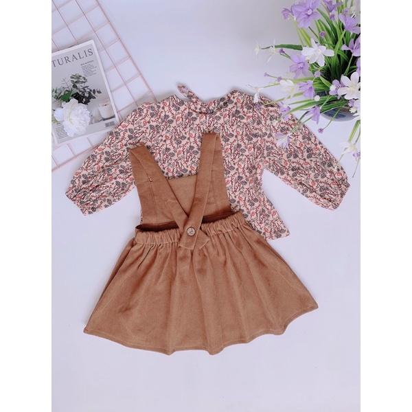 Váy yếm bé gái sét 2 chi tiết LINA KIDS- yếm nhung áo hoa váy thu đông dài tay
