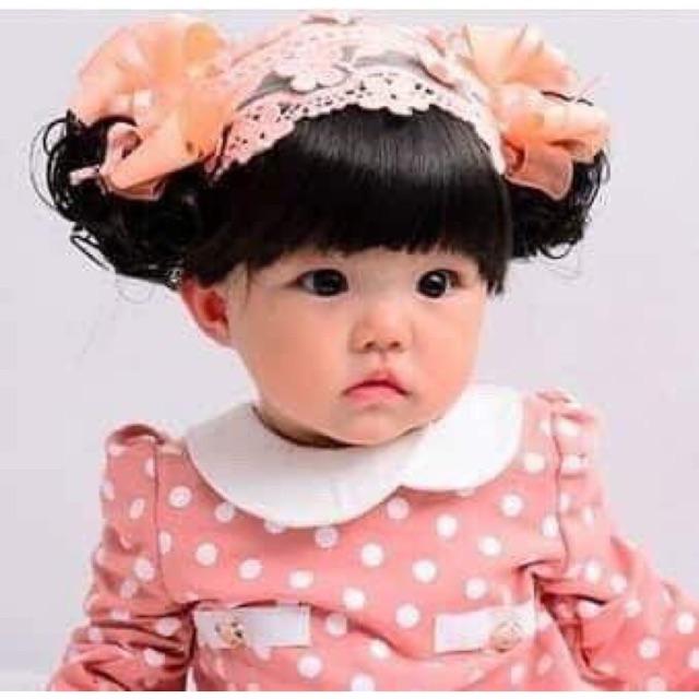 Băng đô tóc giả cho bé ren cam có nơ 2 bên - kèm tóc mái - có hình thật