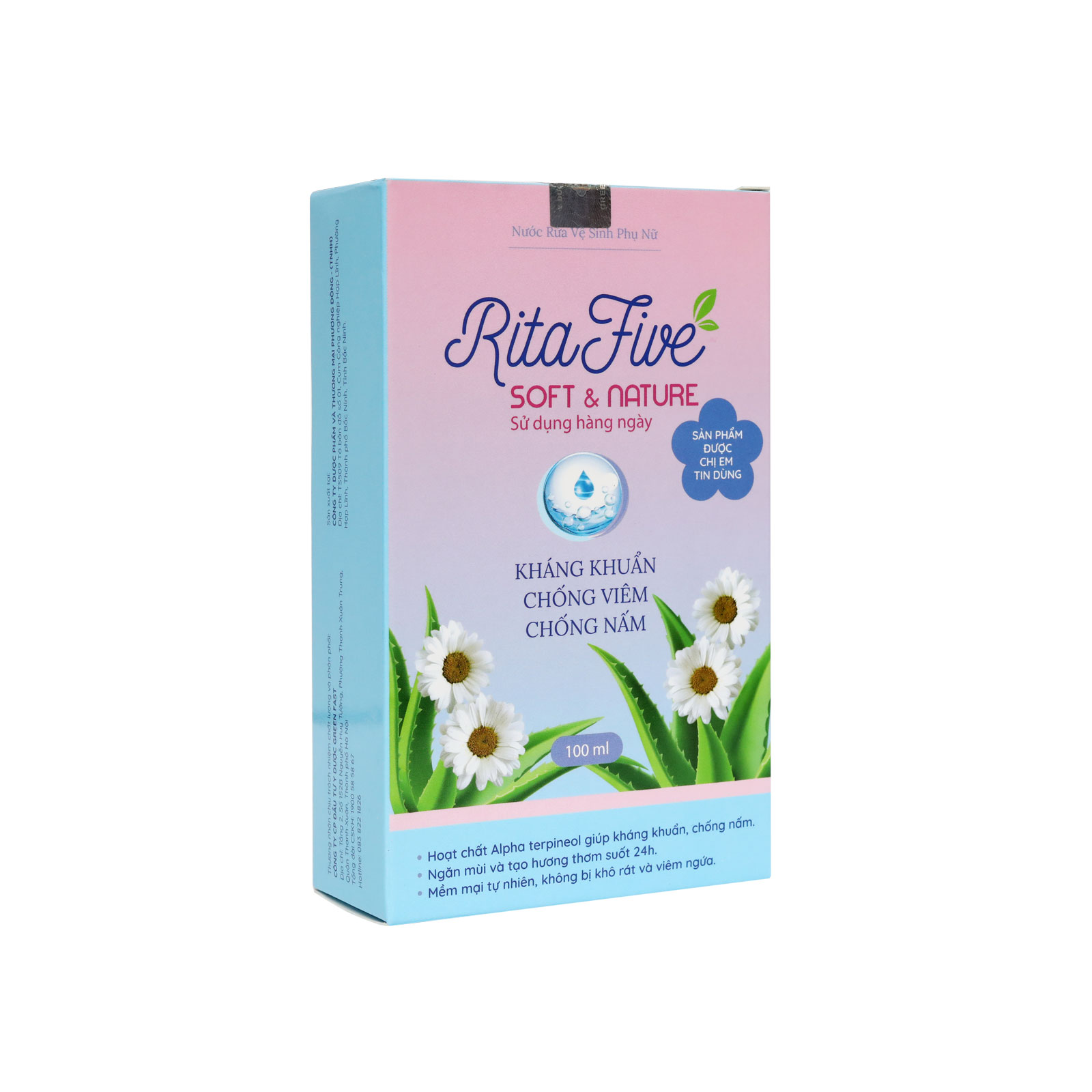 Dung Dịch Vệ Sinh Phụ Nữ Ritafive (100ml) - Mềm mại tự nhiên, ngăn ngừa viêm nhiễm, kháng khuẩn, chống nấm, ngăn mùi phụ khoa, giúp bạn tự tin trọn 24h