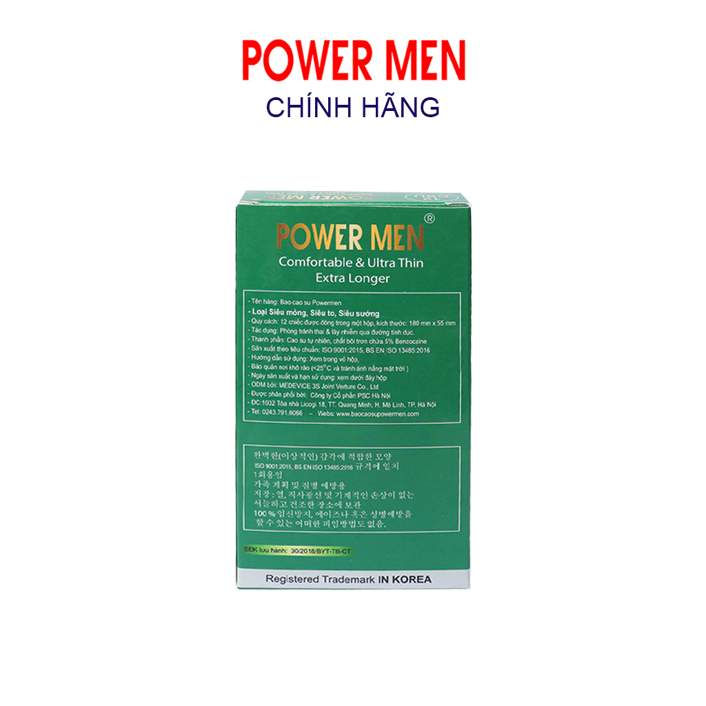 Bao cao su POWER MEN Hộp 12 bcs siêu mỏng, kéo dài thời gian, size lớn 55mm