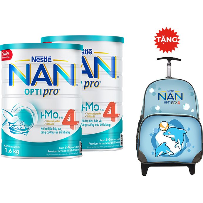 Combo 2 Lon Sữa Bột Nestlé NAN OPTIPRO HM-O 4 1.6kg - Tặng Balo Kéo Cá Heo