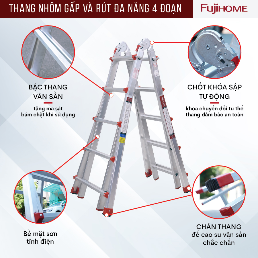 Thang nhôm gấp trượt chữ A 5.1M Nhập Khẩu đa năng chống trượt, thang gấp rút 4 bậc có khoá an toàn Multi Purpose Ladder - Hàng Nhập khẩu