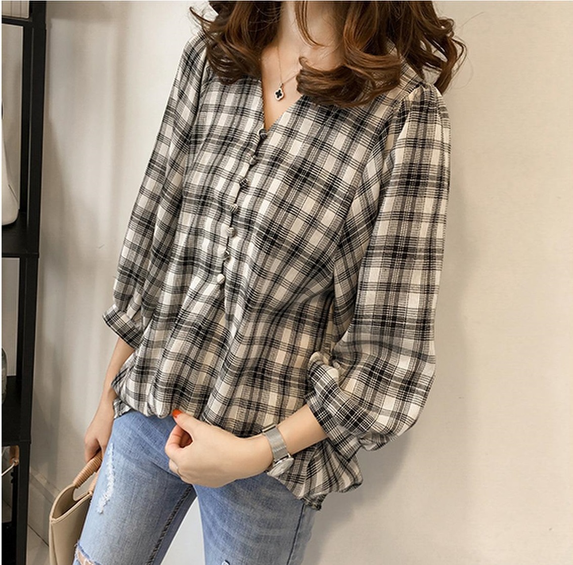 Áo kiểu nữ tay dài phối nút ale14