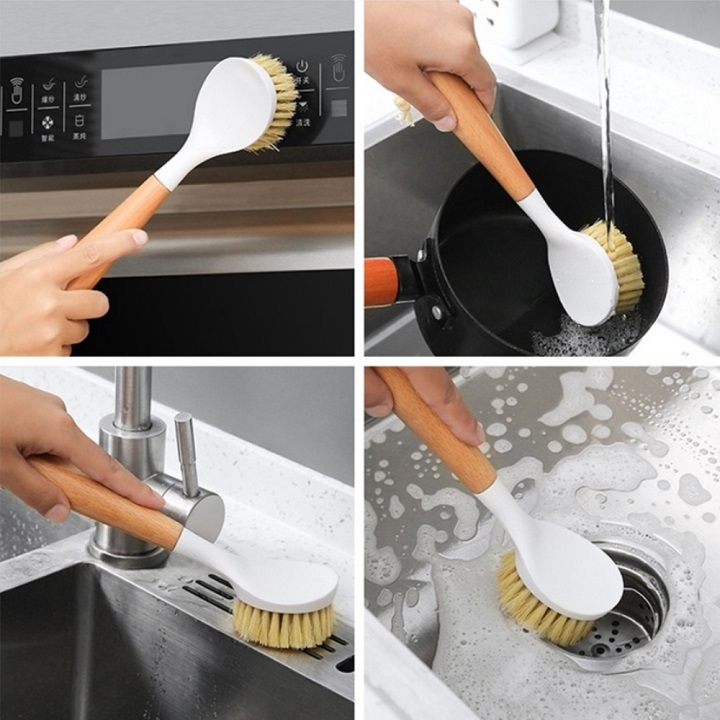 Bàn Chải Chà Xoong Nồi / Niêu / Chảo Đa Năng Cán Gỗ Có Móc Treo Tiện Lợi 25cm