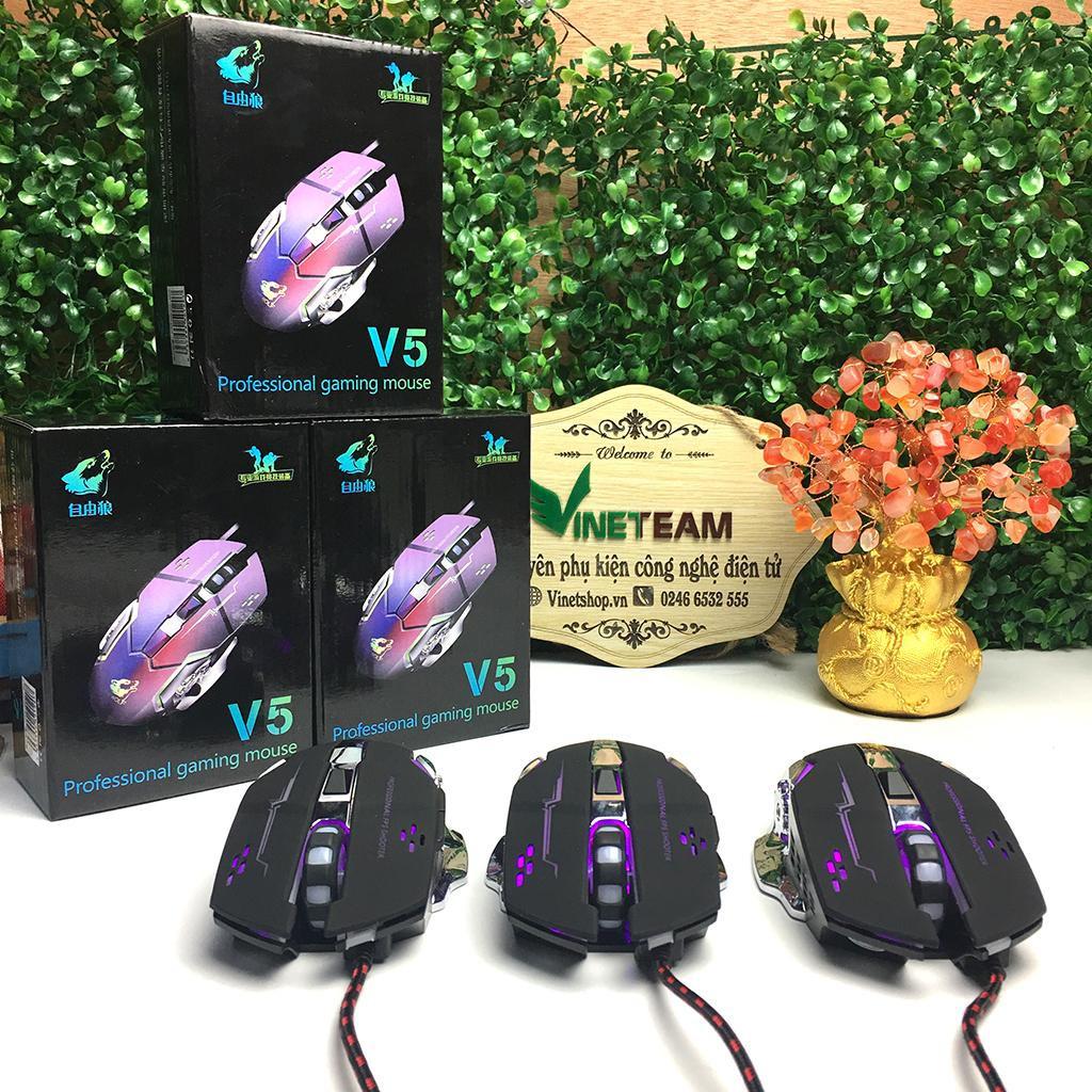 Chuột Gaming FREE WOLF V5 led 7 màu cực đẹp chuyên game, dây siêu bền -dc2220