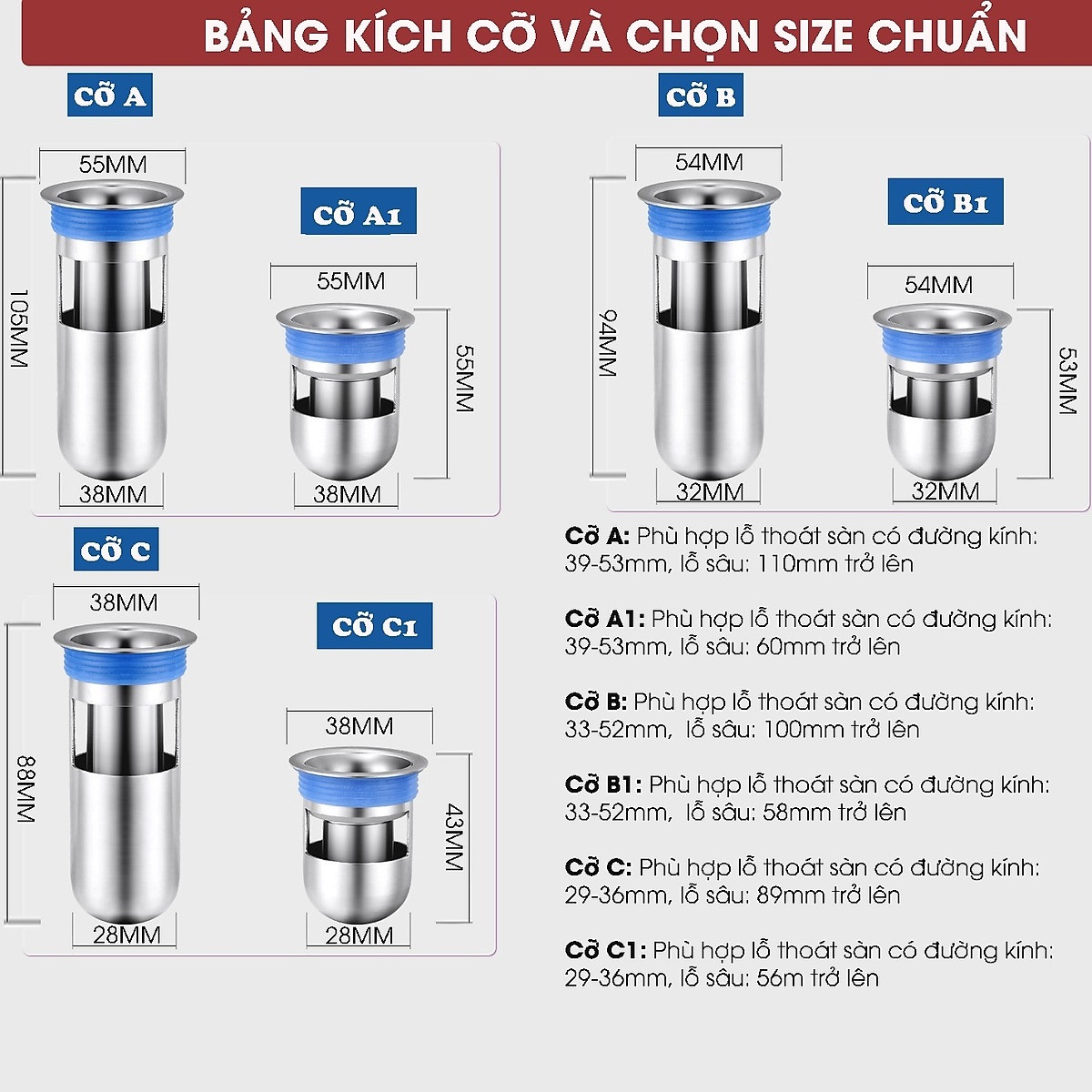 Phụ kiện thoát sàn chống mùi hôi thối, ngăn vi khuẩn NQ01 chất liệu INOX 304