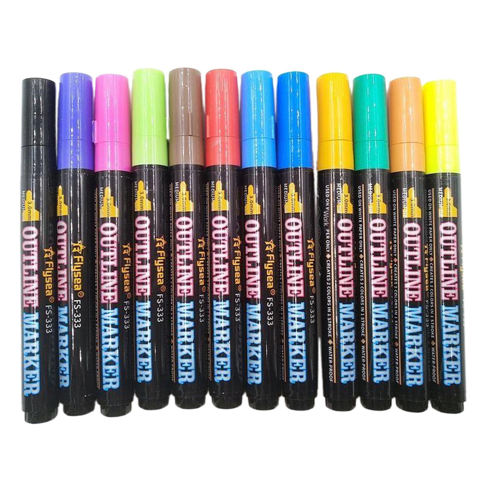 Double Line Outline Pens,12 Colours Outline Pens Fluorescent Glitter Two-Line Pen Permanent Marker Waterproof Pen for Card Making