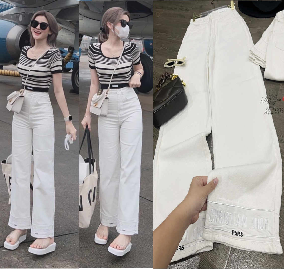 Quần jean trắng, quần bò ống suông nữ màu trắng ulzzang lưng cao viền lai thêu chữ D-I-0-R 2 ống thời trang