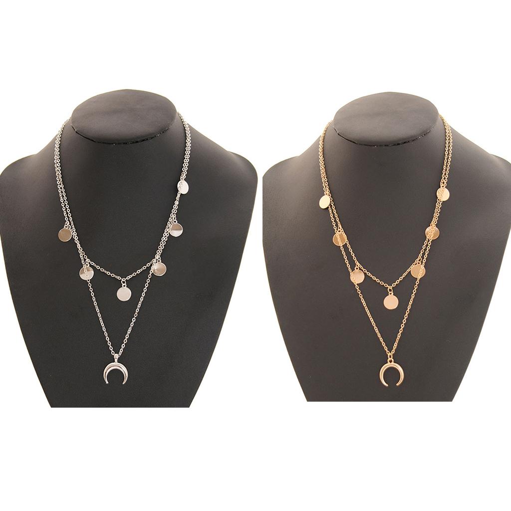 Moon Pendant Mini Disc Choker Chain Double Layer Clavicle Necklace Golden