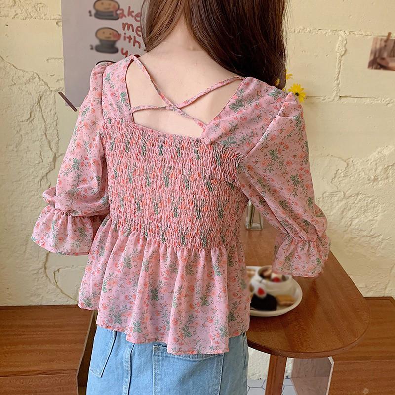 Áo Kiểu Vải Voan Tay Ngắn Cổ Vuông In Hoa Xinh Xắn Cho Nữ
