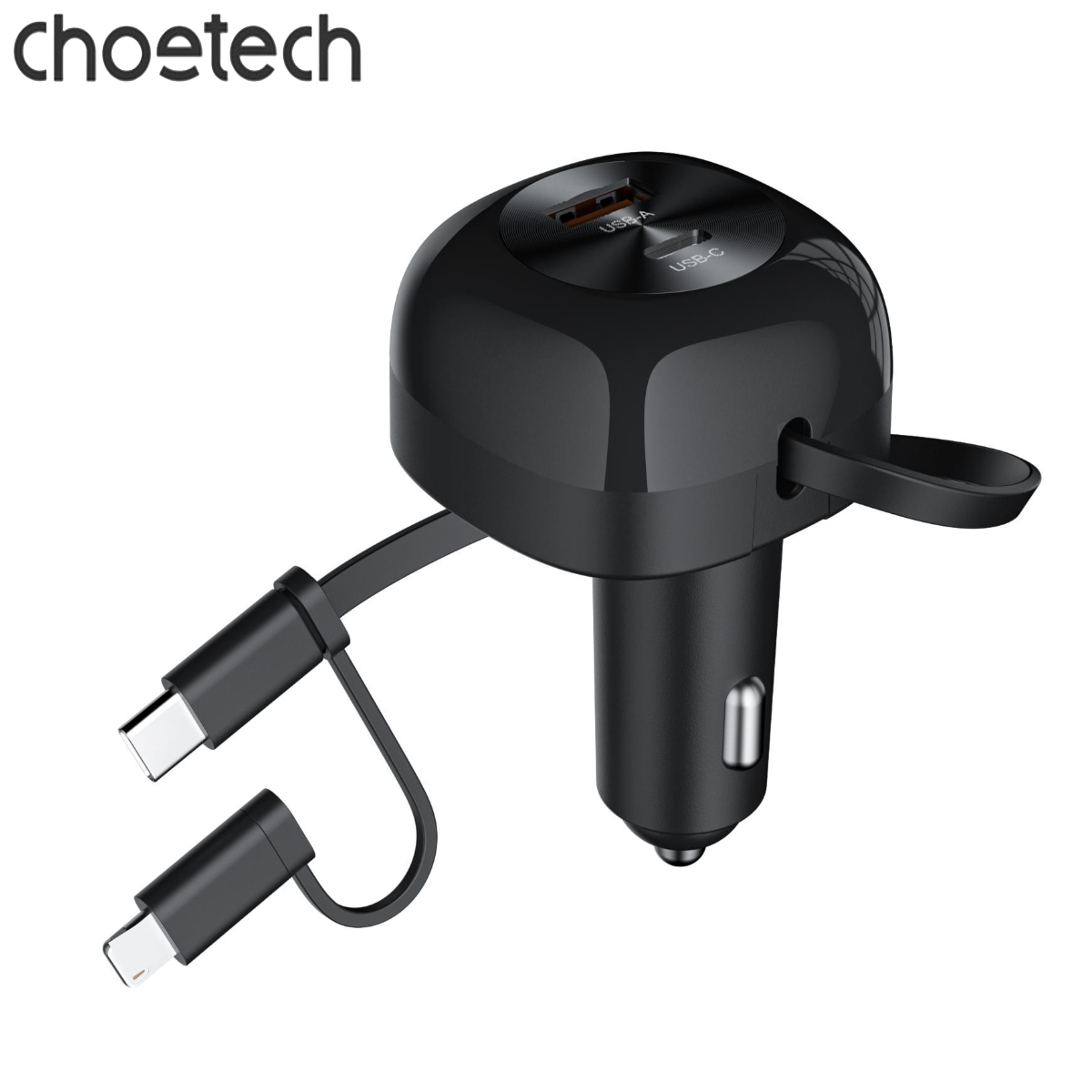 Tẩu sạc ô tô 75W Choetech TC0036 tích hợp cáp sạc rút Type C kèm đầu nối iP (Hàng chính hãng)