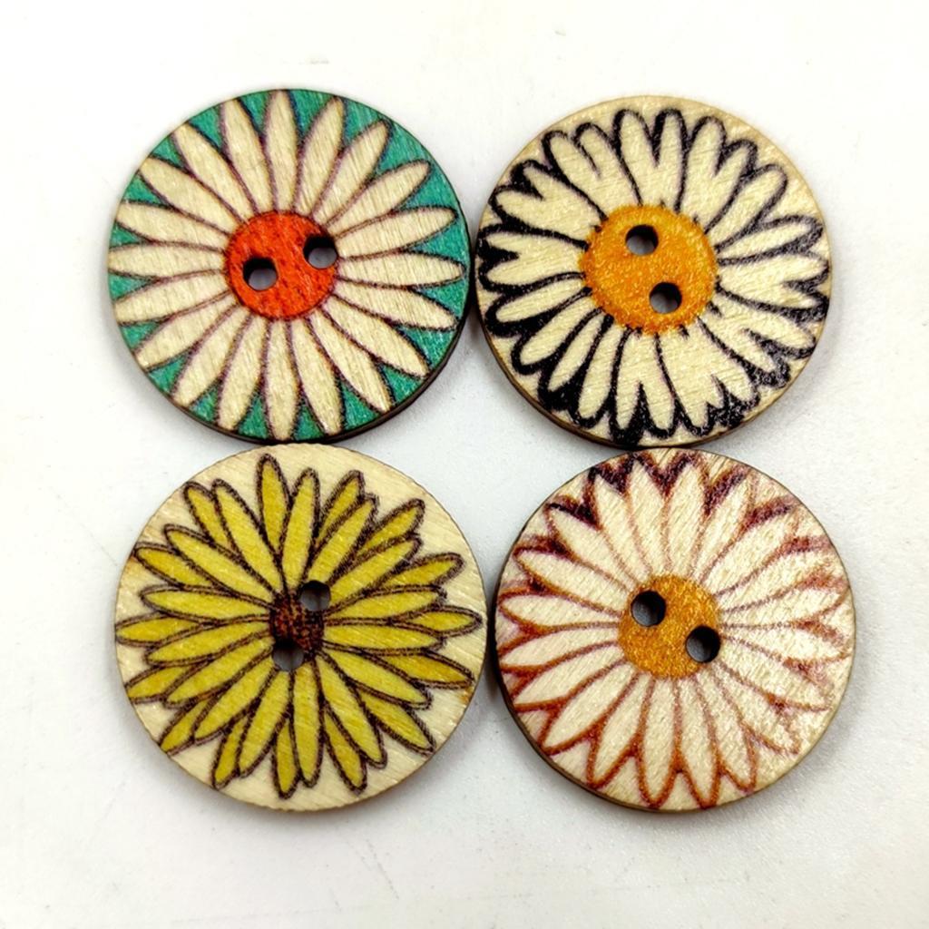 Pack of 100 Mixed Random Flower Patterns Round Wooden Buttons Assorted Colors for DIY Sewing Crafting DIY, 15mm 20mm
