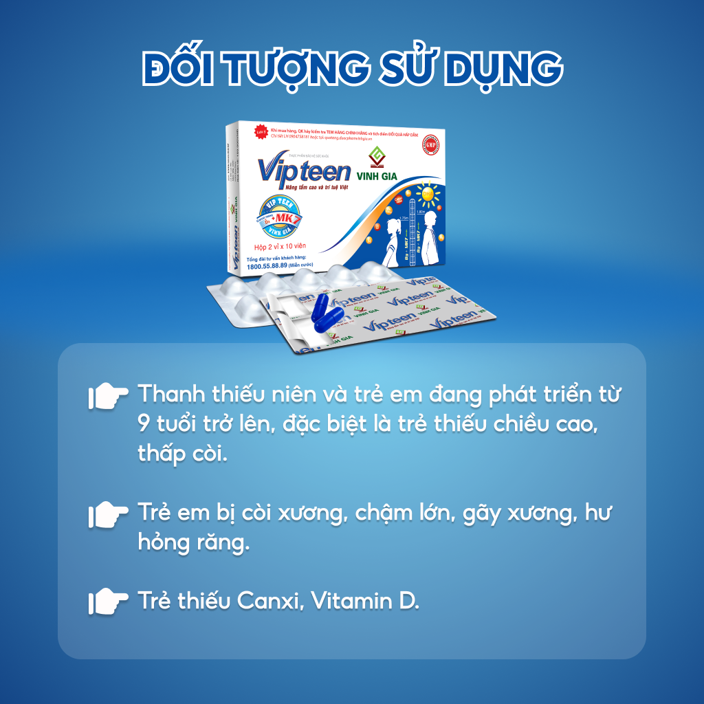 [Combo 6 tặng 1] hộp Viên Uống VIPTEEN VINH GIA Bổ Sung Canxi Nano D3 MK7 Tăng Chiều Cao Cho Trẻ 9 -18 tuổi (20 Viên)