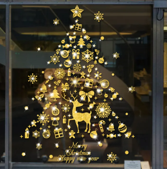Decal trang trí Noel - Cây thông phụ kiện noel nhũ kim tuyến