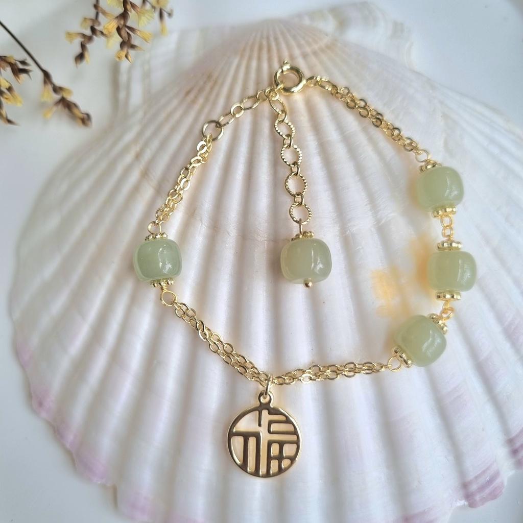 Vòng tay ngọc bích mix charm bạc mạ vàng 14k