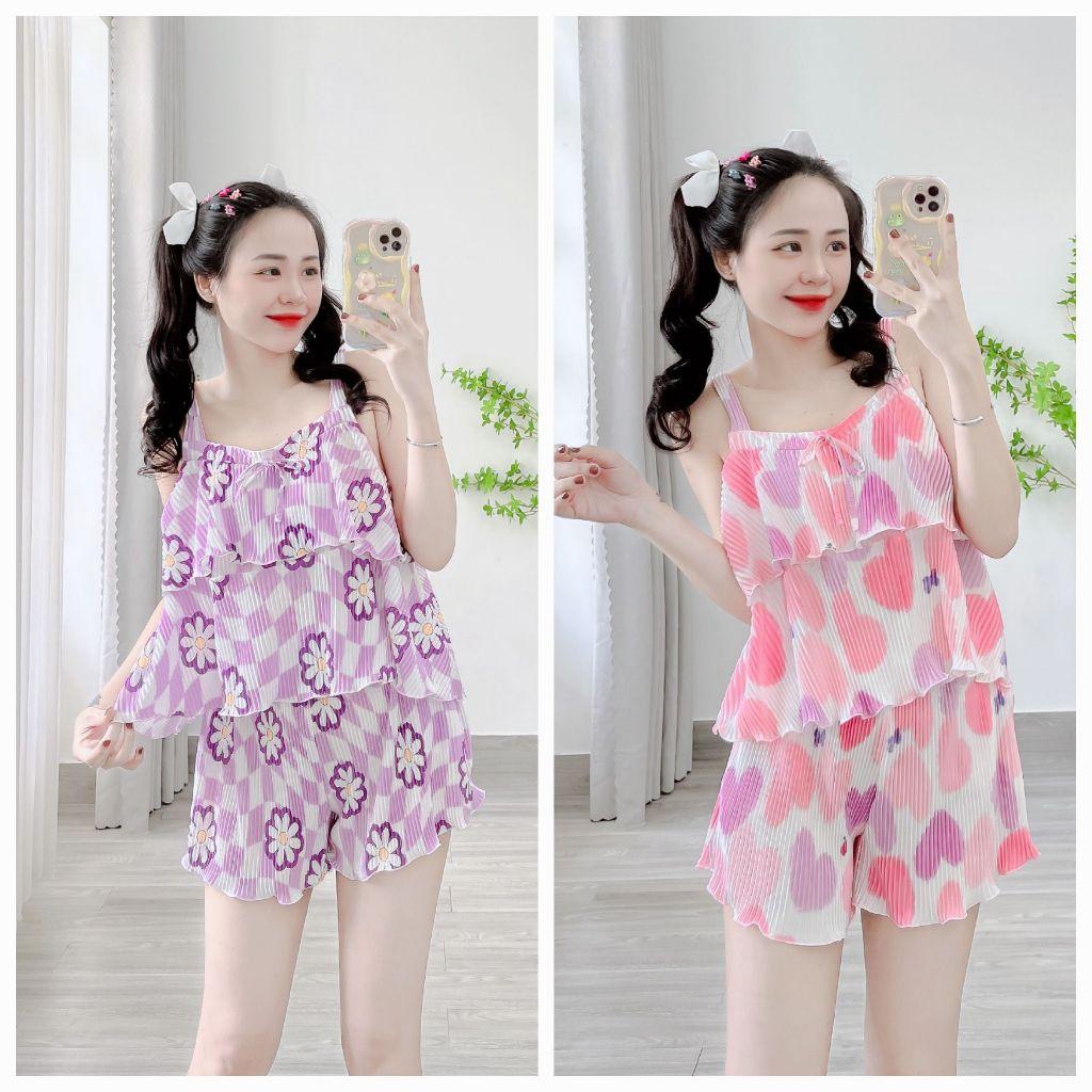 Đồ Bộ Pijama Thun Dập Ly Cao Cấp Đùi Dây 2 Tầng (hồng/tím) freesize 40-60Kg