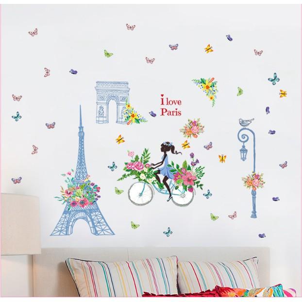 Decal trang trí tường - Tháp Xanh Cô Gái Xe Đạp Hoa