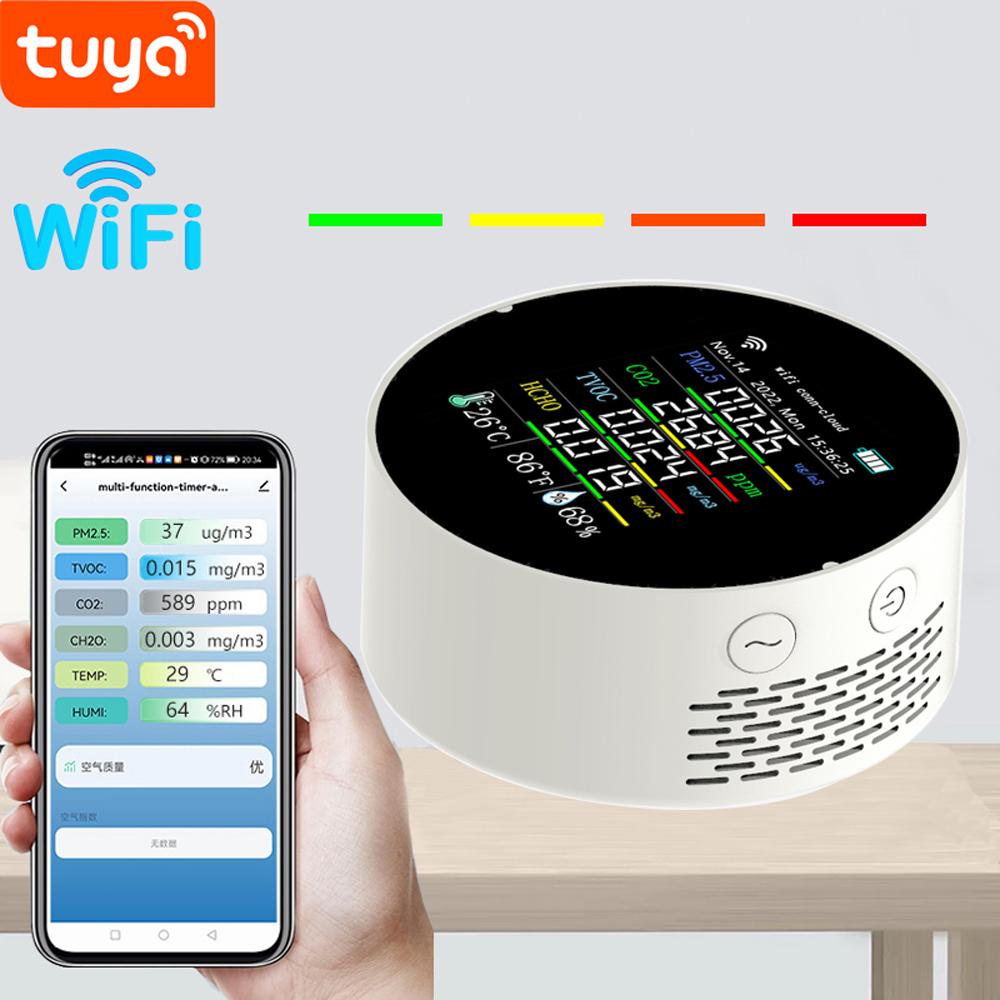 Tuya Wifi Portable Air Quality Meter 7in1 PM2.5 CO2 TVOC HCHO AQI Temperature Humidity Tester Color Display Carbon Dioxide Detector Support Cellphone APP Control with Calendar Function