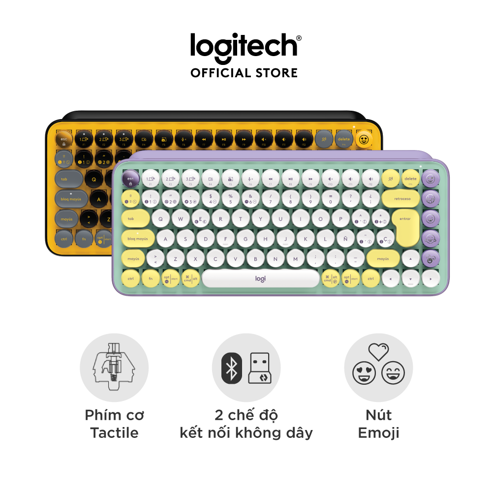 Bàn phím cơ không dây bluetooth | USB Logitech POP KEYS - với 8 phím emoji có thể điều chỉnh, switch tactile, kết nối 3 thiết bị - Màu Daydream - Hàng chính hãng