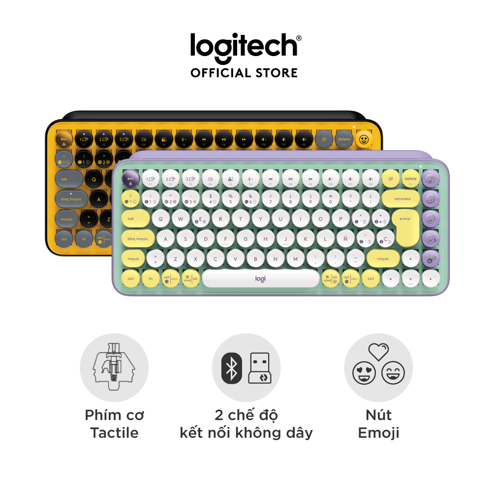 Bàn phím cơ không dây bluetooth | USB Logitech POP KEYS - với 8 phím emoji có thể điều chỉnh, switch tactile, kết nối 3 thiết bị - Màu Vàng Đen -  Hàng chính hãng