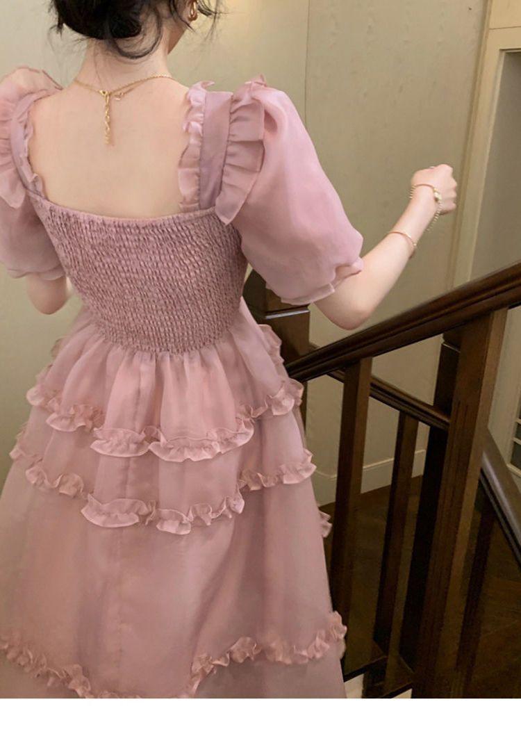 TOBE1SHOP Váy màu hồng nàng tiên Pháp ren Bouffant váy công chúa váy bánh váy lưới nàng tiên thắt lưng đầm