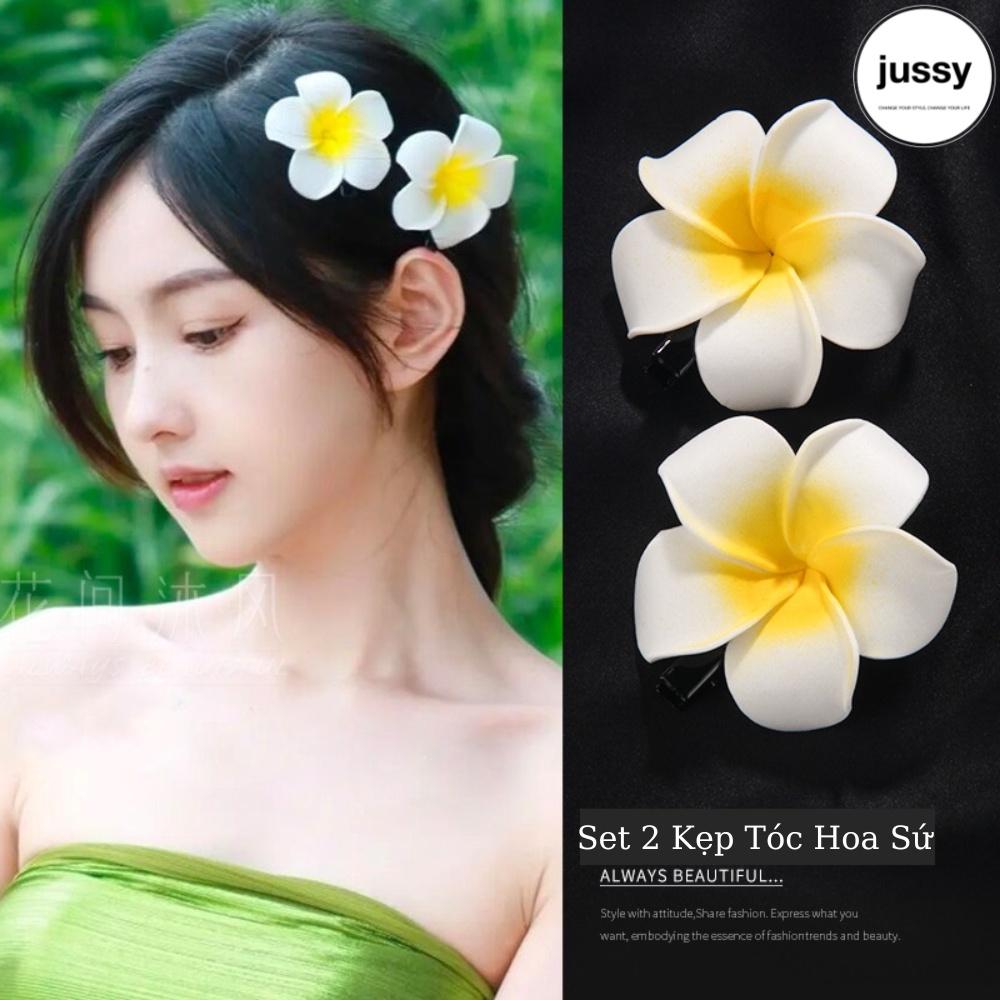 Set 2 Kẹp Tóc Hoa Sứ Xinh Xắn Jussy Fashion Kiểu Cài Tóc Hoa Dễ Thương Đi Biển