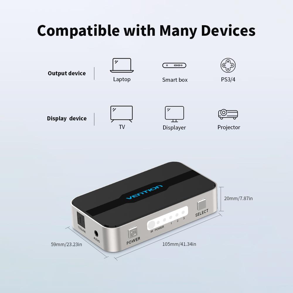 Bộ chuyển mạch HDMI VENTION Bộ chia 3 trong 1 với Điều khiển từ xa 4K Full HD 1080P IR Thay thế cho Máy tính xách tay / STB / XBOX / Máy chiếu