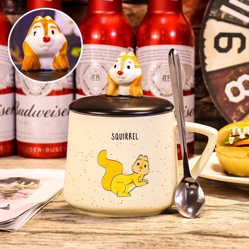 Cốc Uống Cafe Chú Sóc Dễ Thương 3D Vẽ Tay - Ly Uống Nước Có Nắp Và Thìa 400ml