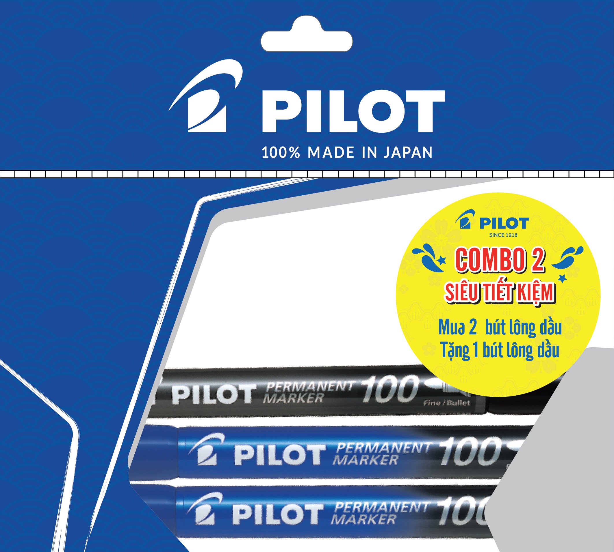 Combo Pilot 02 : 2 bút lông dầu Permanent 100 mực xanh +1 bút lông dầu Permanent 100 mực đen