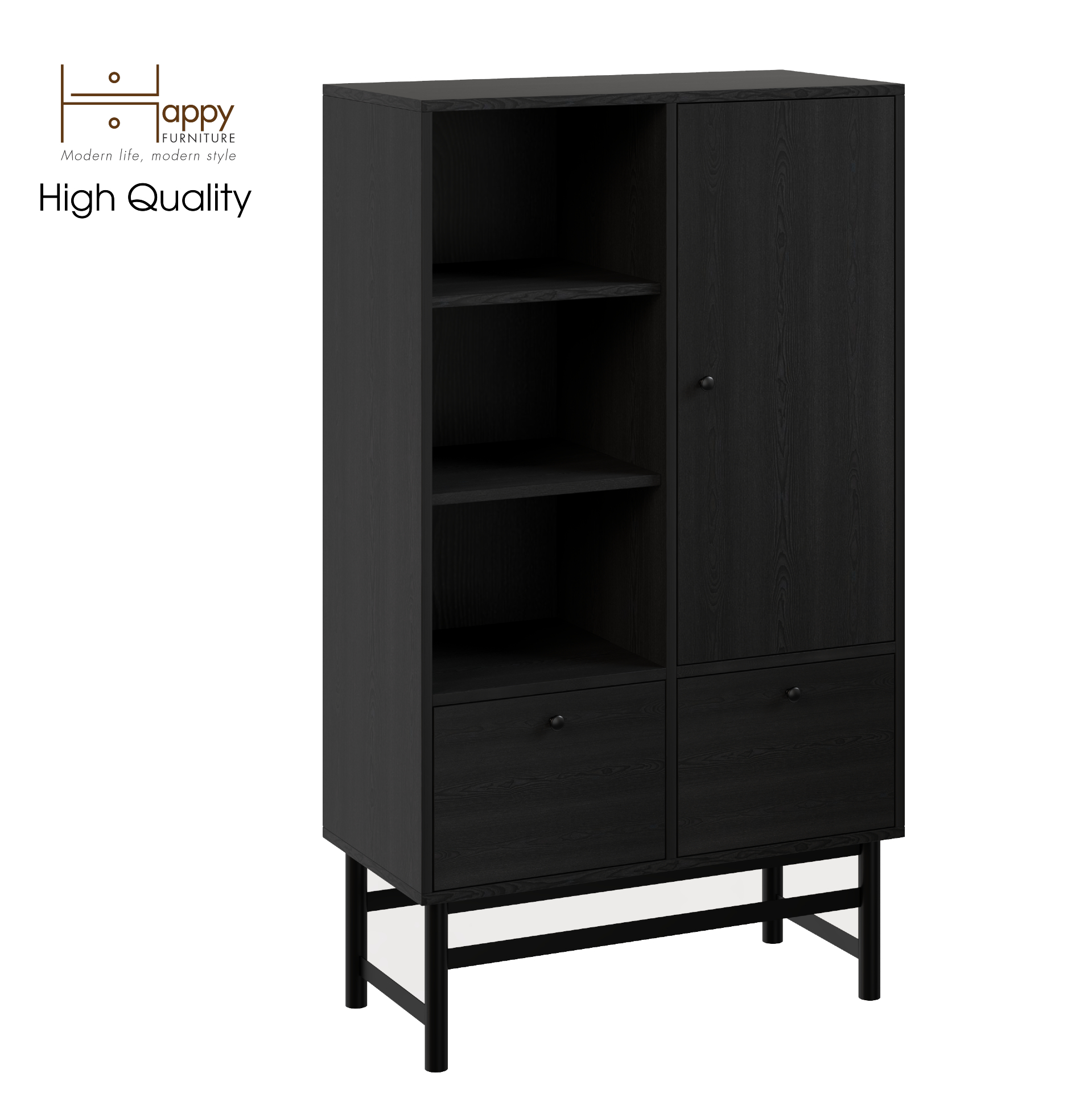 [Happy Home Furniture] CATY , Kệ sách 2 ngăn kéo 1 cửa mở - chân sắt ,  80cm x 39cm x 140cm (DxRxC), KSA_024