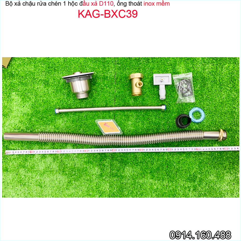 Bộ xả chậu rửa chén 1 hố KAG-BXC39 chậu lỗ thoát D110, bộ ống thoát bồn rửa bát 1 hộc chất liệu SUS304 siêu bền thoát nước nhanh sử dụng tốt
