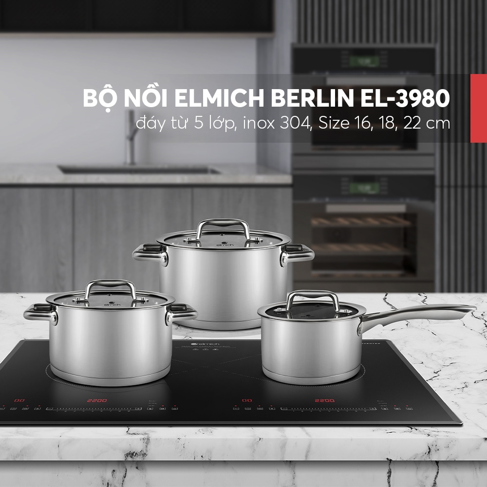 Bộ nồi 5 đáy Inox 304 Elmich Berlin EL 3980 Size 16, 18, 22cm