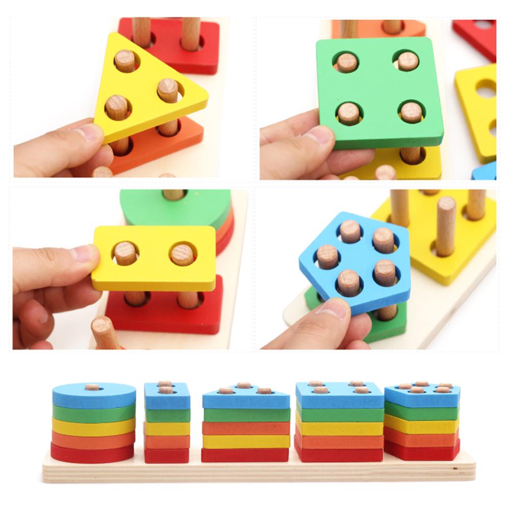 Wooden Geometric Column Toy Shape Color Sorting Blocks Early Educational Learning Tool for Kids Toddlers Preschoolers