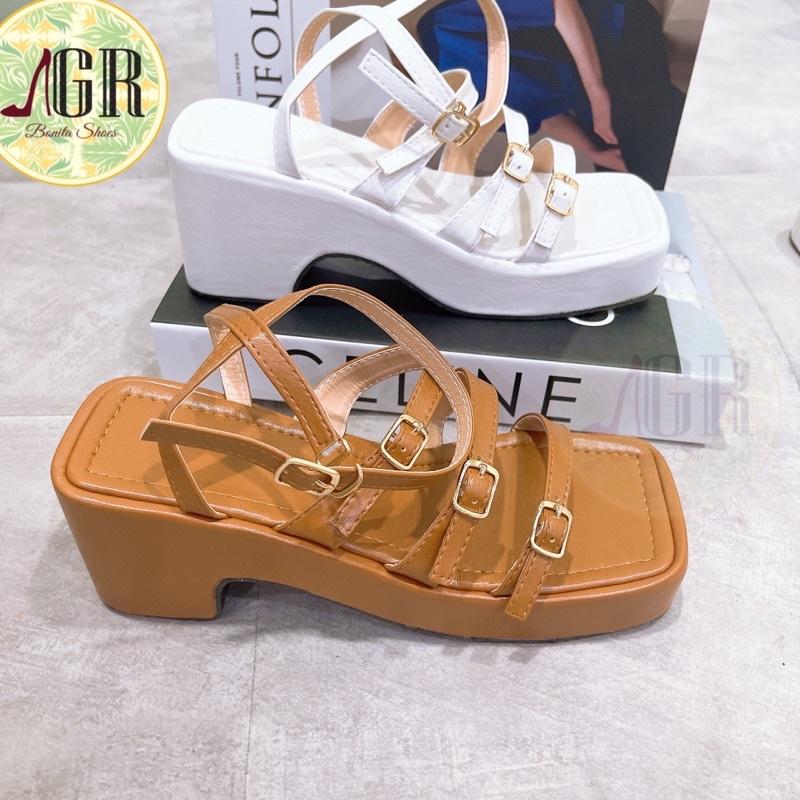 Sandal xuồng 3 quai khoá da mềm đế vuông 6 cm