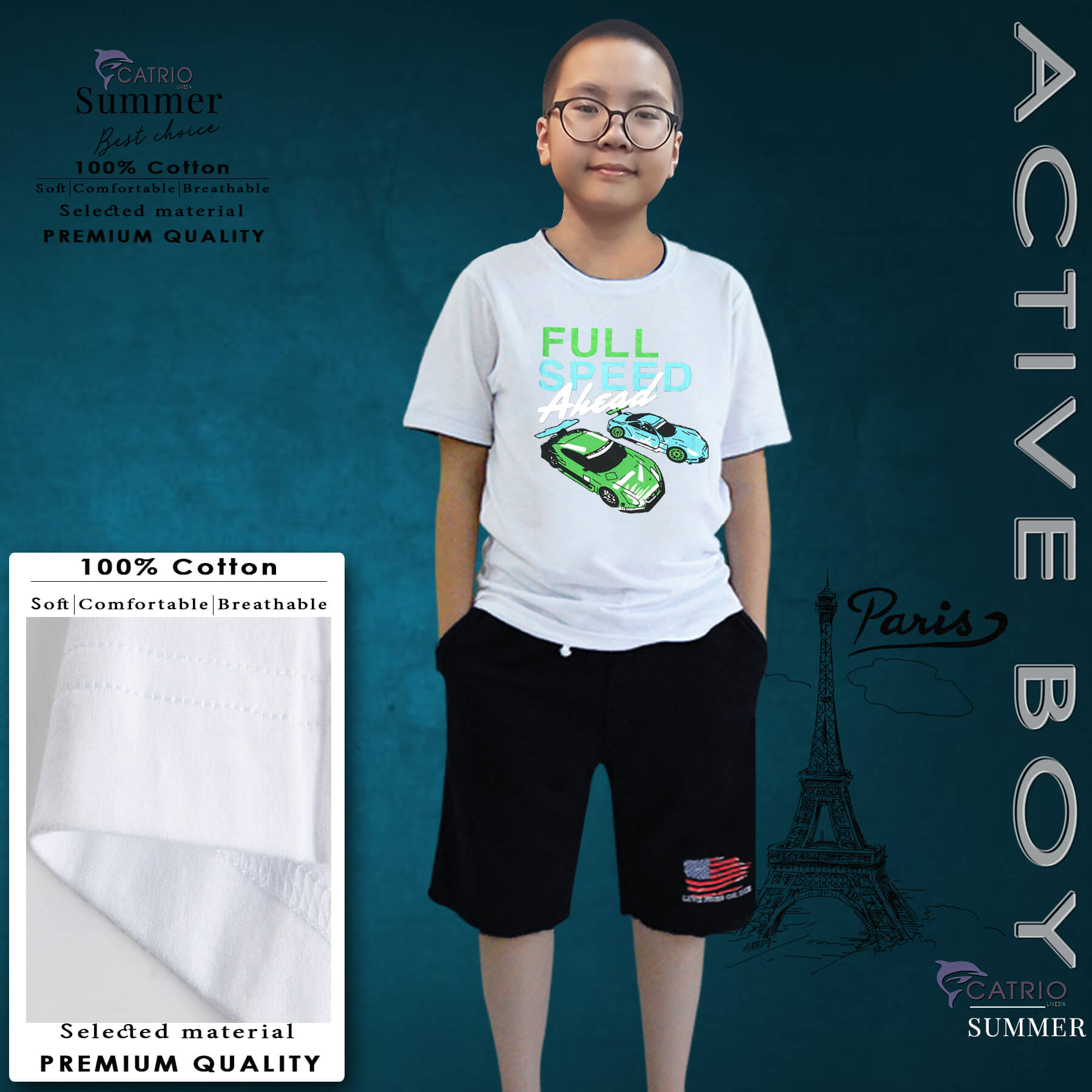 ÁO PHÔNG BÉ TRAI NGẮN TAY CATRIO là áo thun trẻ em tay ngắn từ 5 tuổi đến 12 tuổi vải 100% Cotton in FULL SPEED thuộc BST quần áo trẻ em mùa hè CATRIO màu TRẮNG