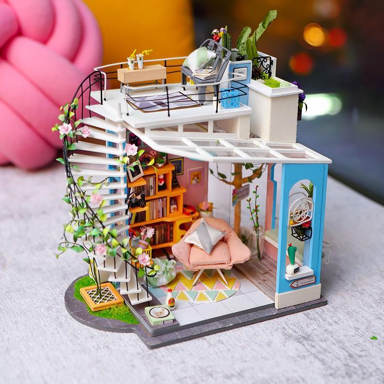  Đồ chơi Lắp ráp gỗ 3D Mô hình nhà DIY Doll House Dora's Loft DG12 Kèm Đèn LED