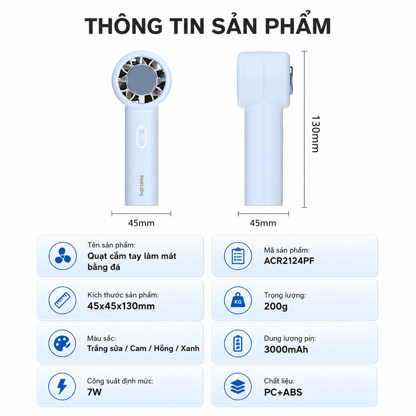 Quạt mini cầm tay USB 5 cấp độ gió, pin 3.000mAh thương hiệu Hà Lan cao cấp Philips ACR2124PPF ACR2124MPF serial 2000 - Hàng chính hãng