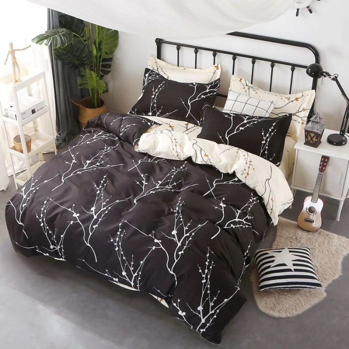 Bộ chăn ga gối Cotton cao cấp 1m6x2m họa tiết cành cây trắng THC053