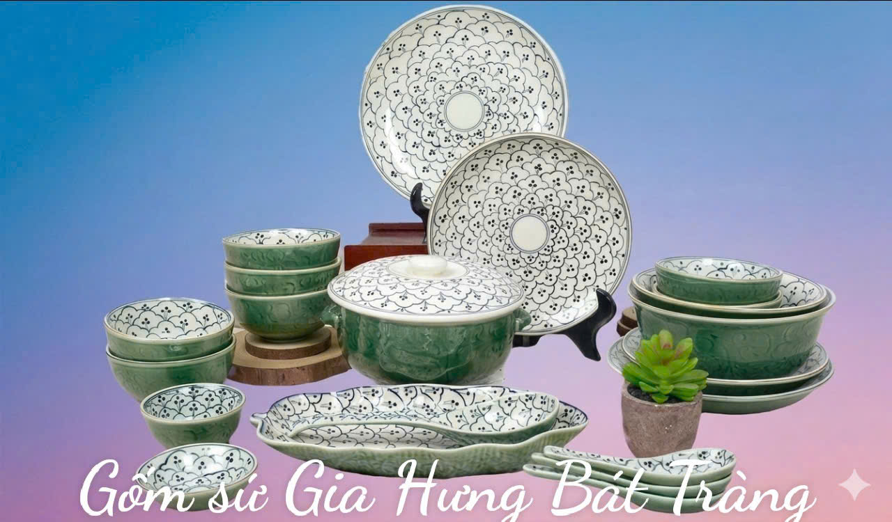Bộ bát đĩa gốm sứ Bát Tràng cao cấp men lục bảo vẽ bèo dâu BDXĐ1