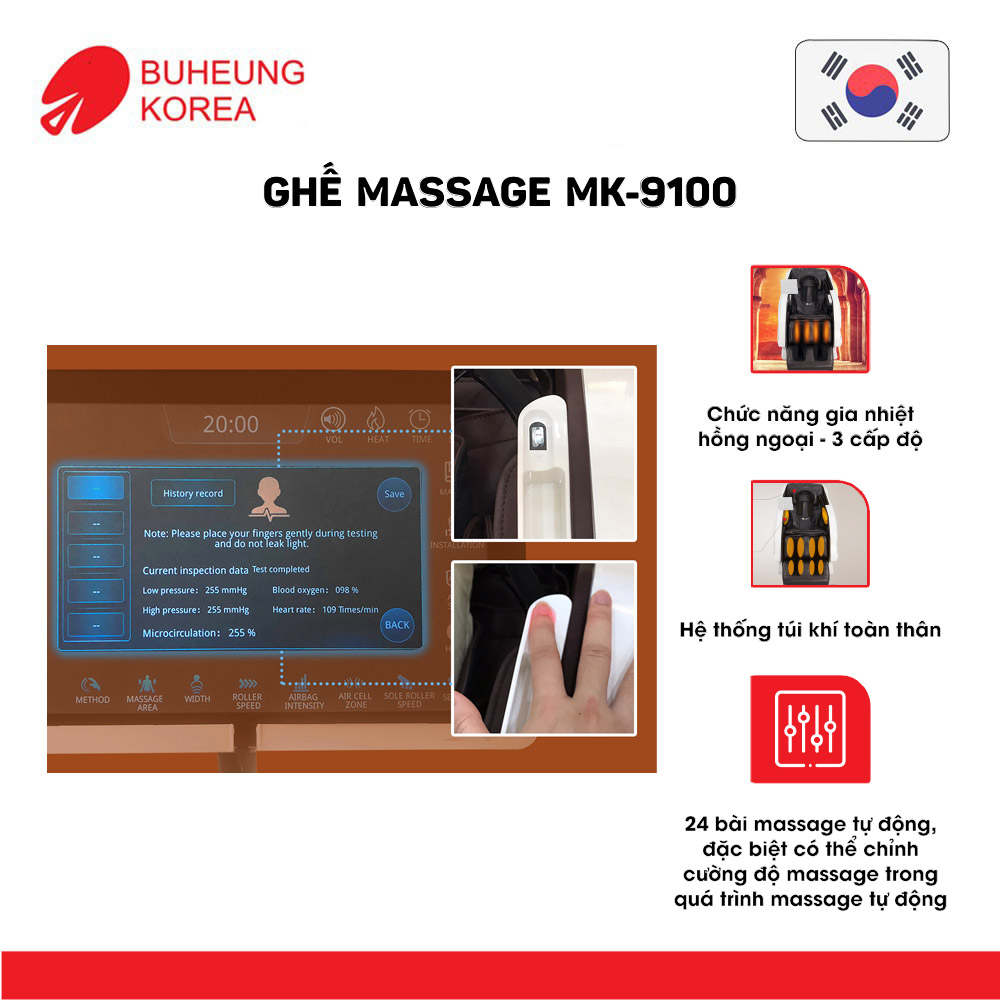 Ghế Massage thương gia Buheung MK-9100 4D King Royal, hệ thống túi khí, 24 bài massage tự động, bảo hành chính hãng