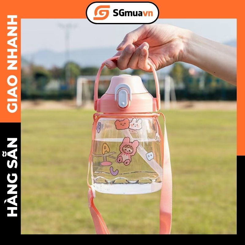 Bình nước 1.3l, bình nước thể thao nhựa trong suốt đủ màu dán sticker
