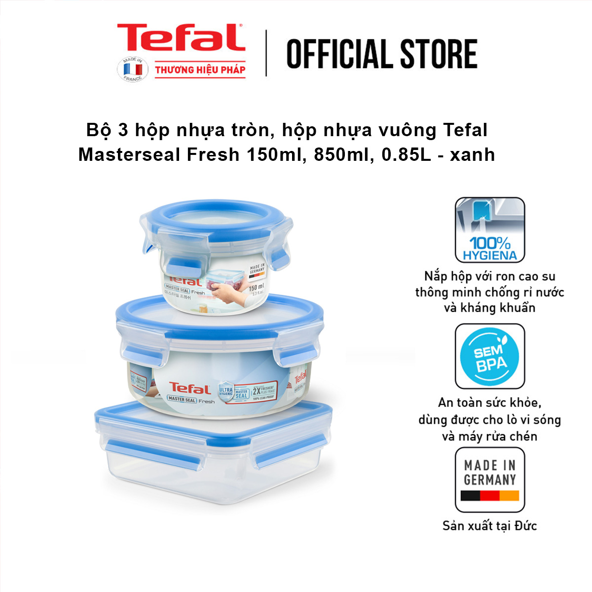 Bộ 3 hộp nhựa tròn, hộp nhựa vuông Tefal Masterseal Fresh 150ml, 850ml, 0.85L - xanh