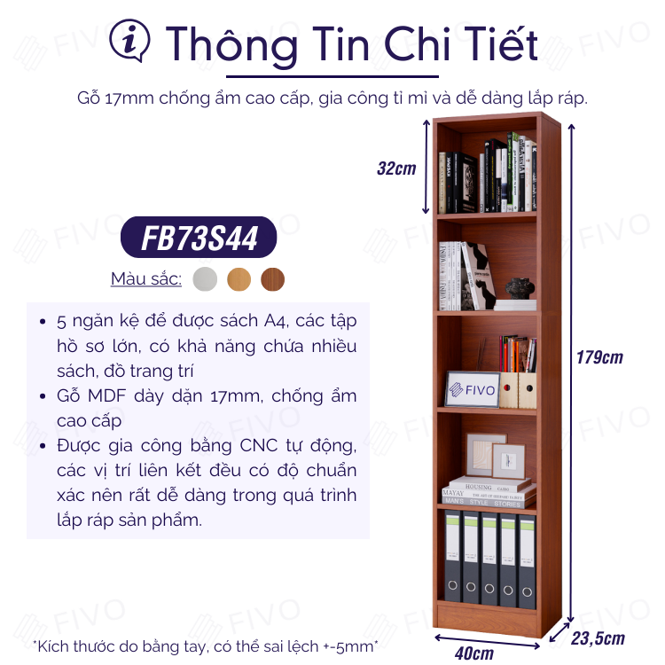 Kệ Sách Gỗ Đứng Đa Tầng Màu Nâu FB73 FIVO, Gỗ Chống Ẩm Cao Cấp, Diện Tích Rộng Rãi Để Sách A4, Các Tập Hồ Sơ Lớn