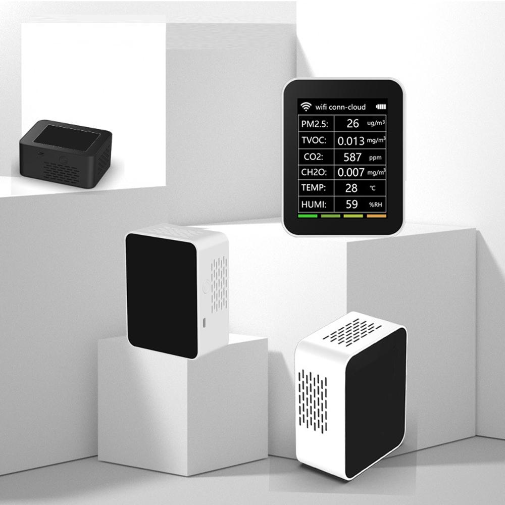Tuya WiFi Portable Home Office Indoor Desktop Air Quality Detector 6 In 1 Multifunctional Detector PM2.5 TVOC CO2 CH2O Temperature Humidity Detecting Intelligent Linkage Mobilephone APP Remotes Viewing