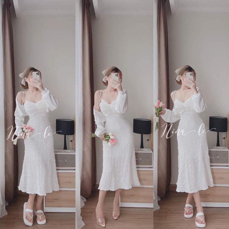 ĐẦM 2 DÂY THẮT NƠ XỐP KÈM ÁO KHOÁC
