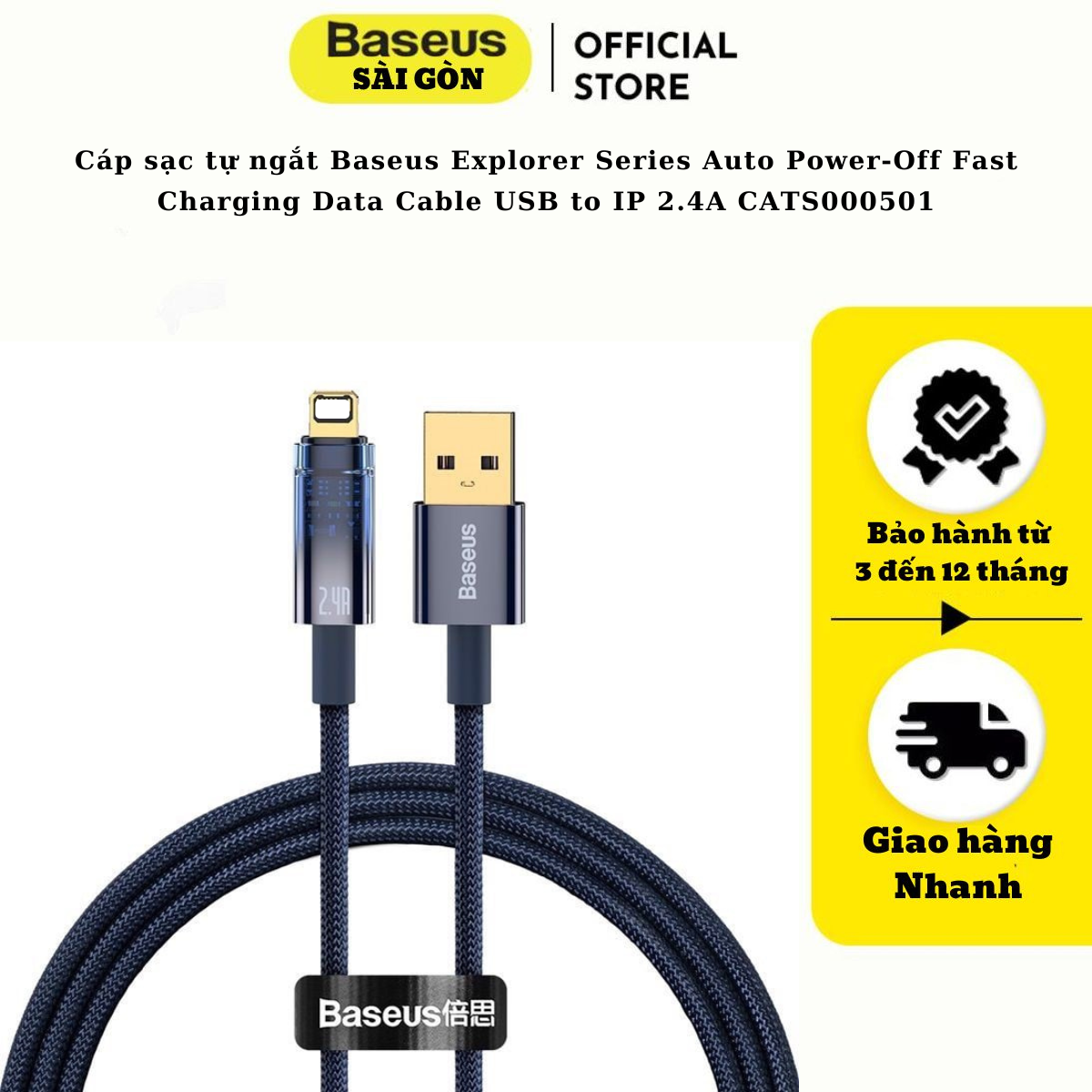 Cáp sạc sạc nhanh Baseus Explorer Series tự ngắt USB-IP CATS000501- Hàng chính hãng