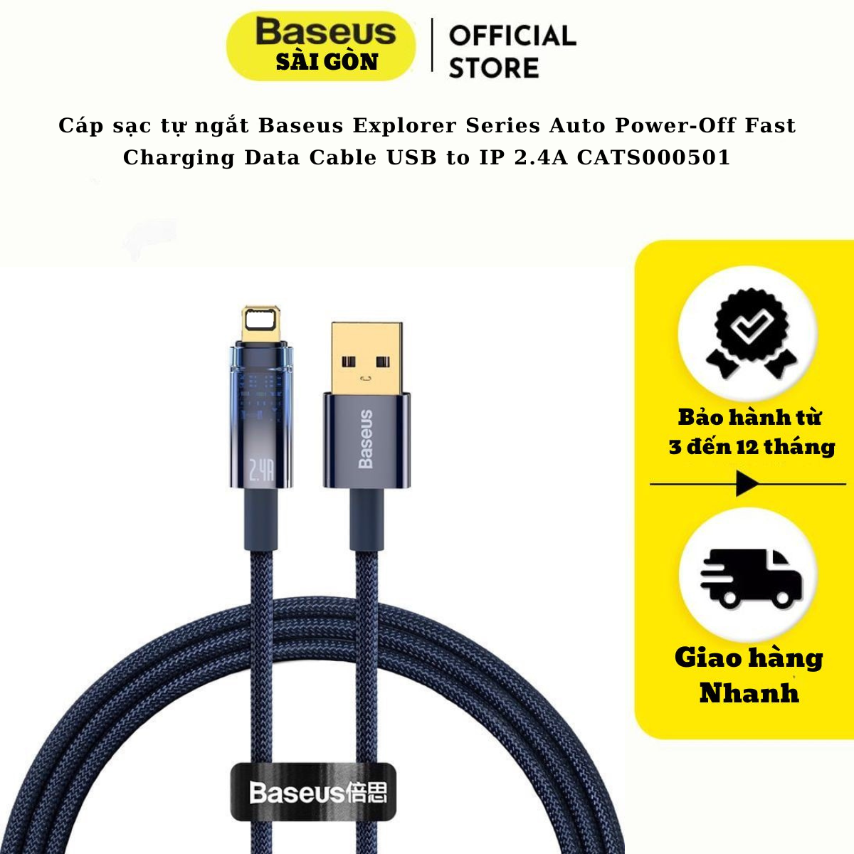 Cáp sạc tự ngắt Baseus Explorer Series Auto Power-Off Fast Charging Data Cable USB to IP 2.4A sạc nhanh, truyền dữ liệu 480 Mbps cho I-phone CATS000501- Hàng chính hãng