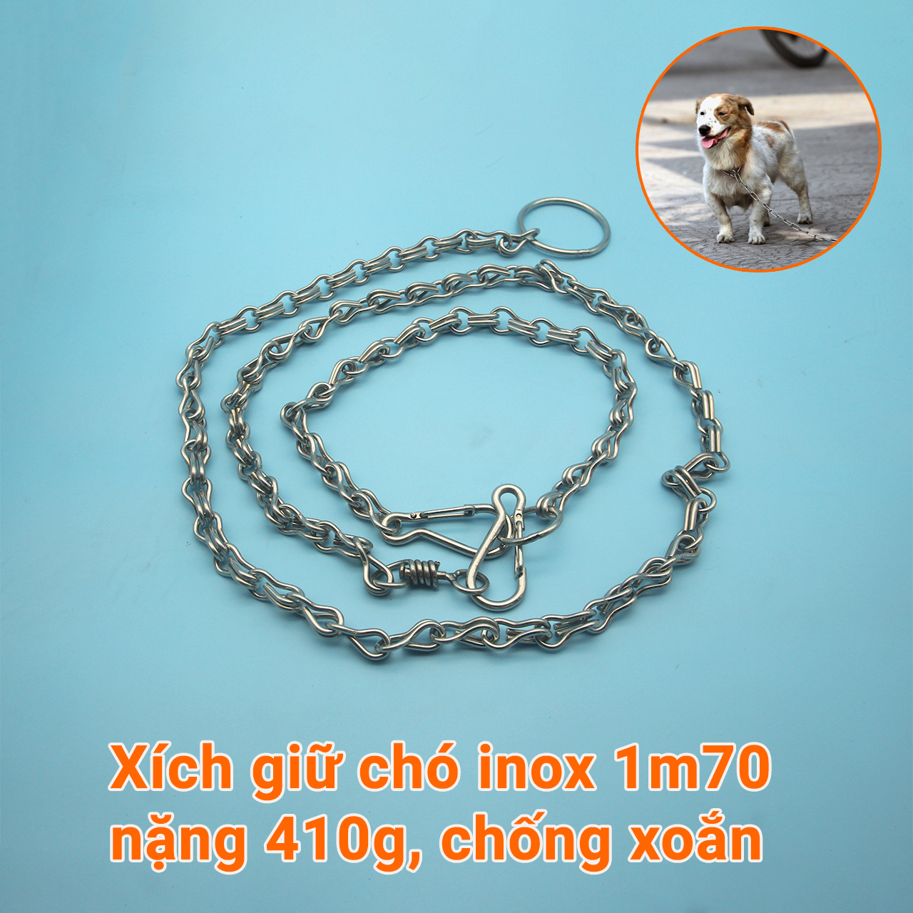 Xích giữ chó inox 1m70 nặng 410g , chống xoắn, có thể thu ngắn bằng khớp