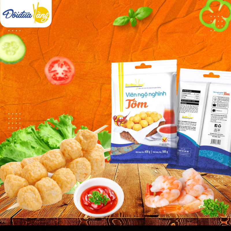 Tôm viên chiên, viên hải sản thả lẩu Đôi Đũa Vàng tươi ngon gói 420gr